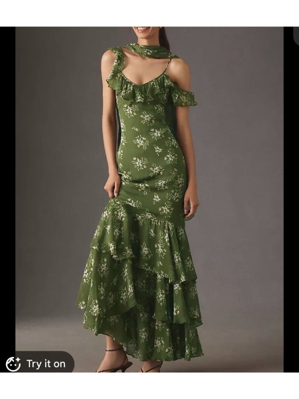 NWT BHLDN Scarf Off-Shoulder Ruffled Floral Chiffon Maxi Dress Women's Size M